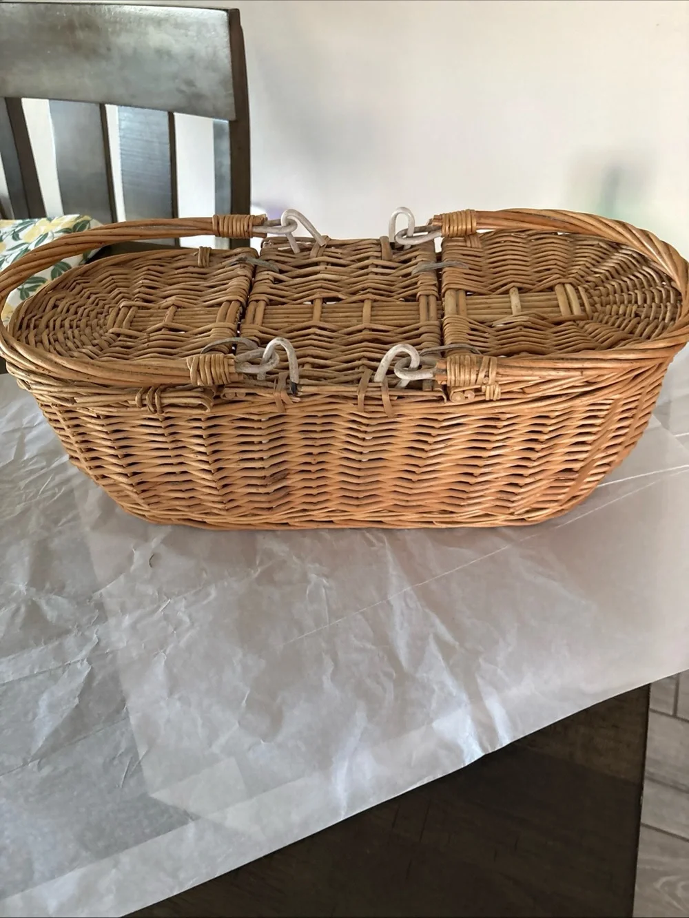 Gorgeous Vintage Oblong 15” Long WICKER Double Lidded Picnic Basket Awesome